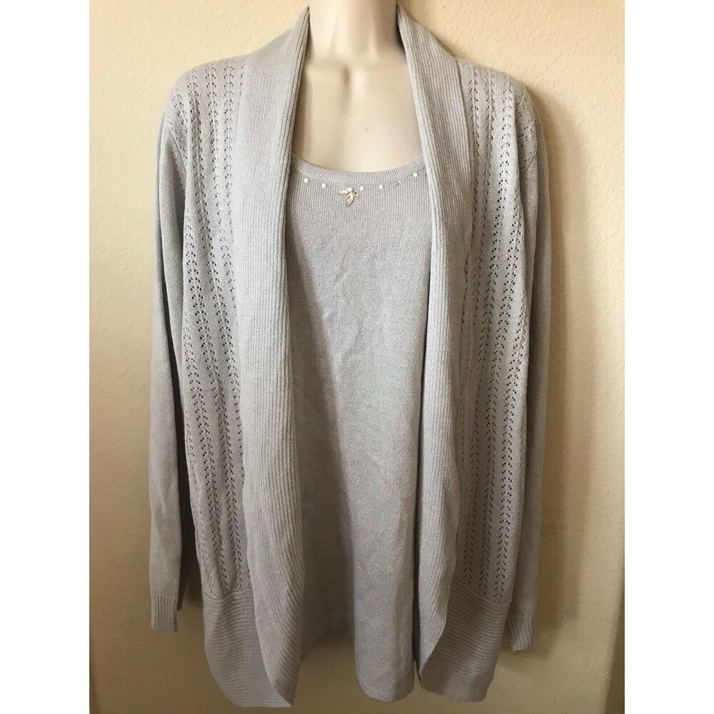 Sag Harbor Silver Rhinestone Beaded Long Sleeve Cardigan Women's Blouse Size L